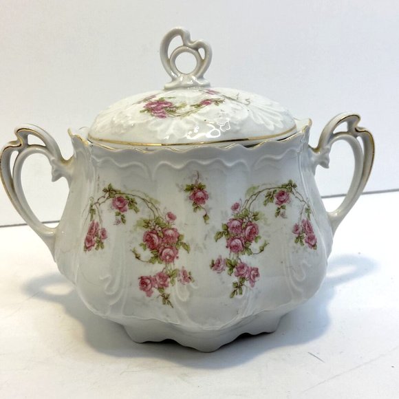 Antique 32oz Moritz Zdekauer Austria Rose and Gold Trim Porcelain Tureen w Lid - Picture 1 of 9